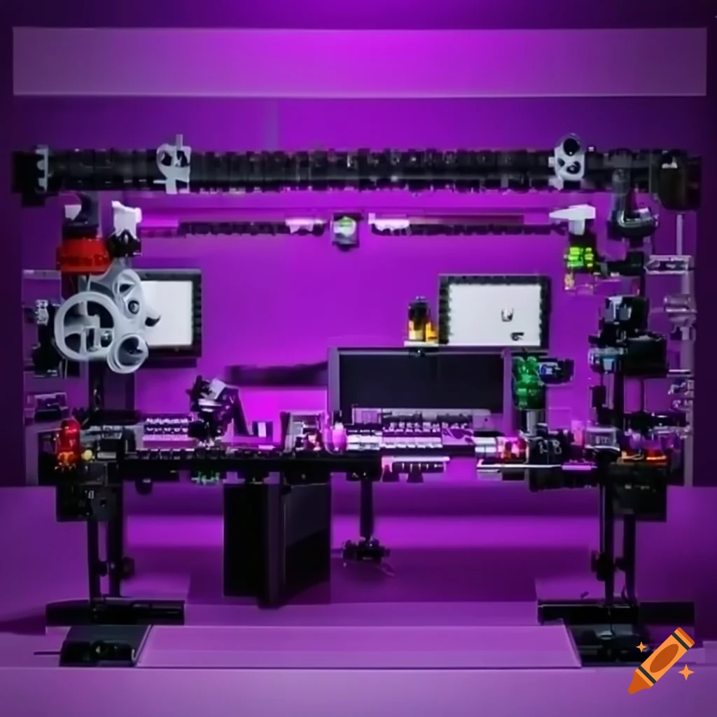 LEGO-style post-production studio setup with cameras and film reels in purple colors