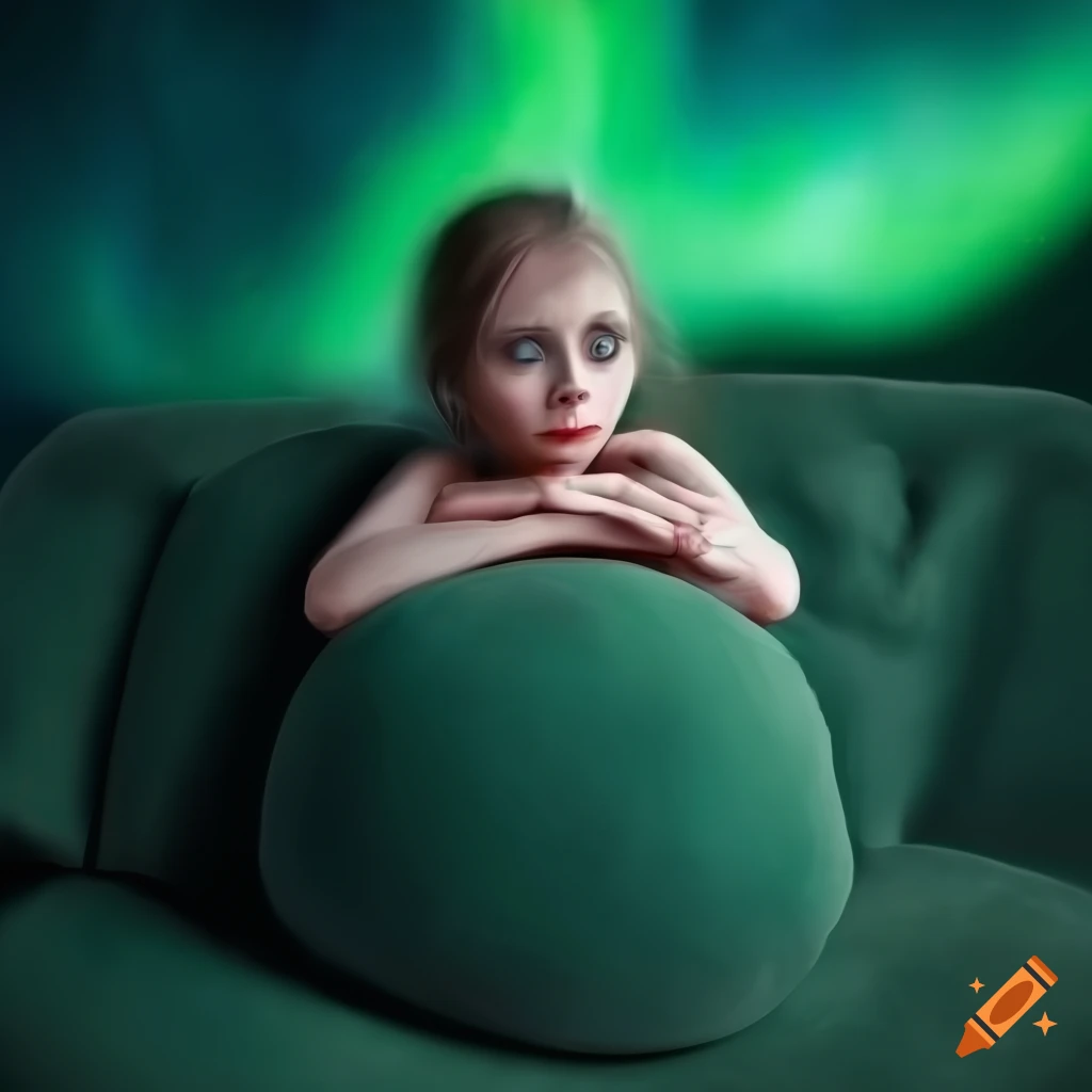 Blueberry girl on green sofa with northern lights in Chagall style