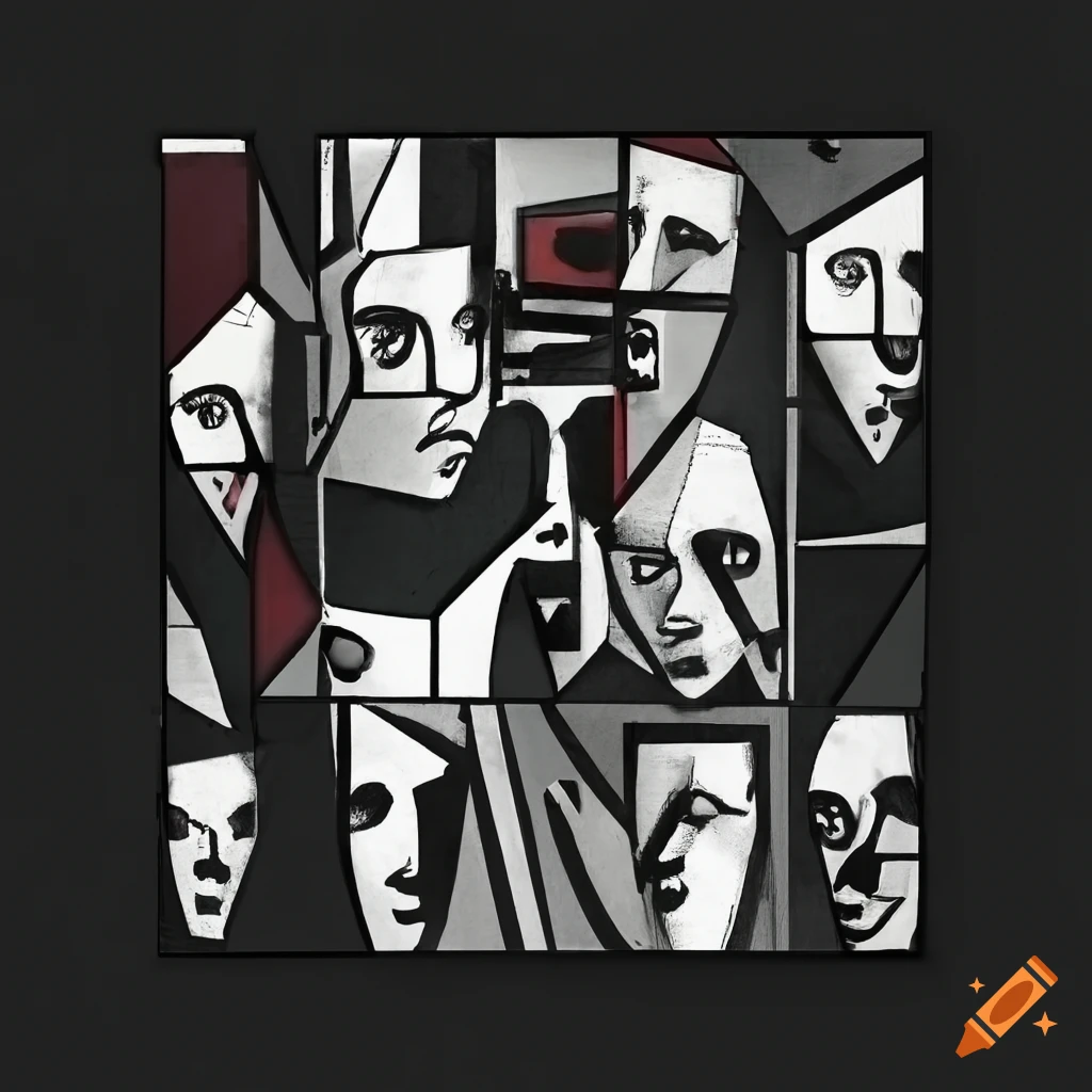 Collage of 5 singing faces in cubist abstract style