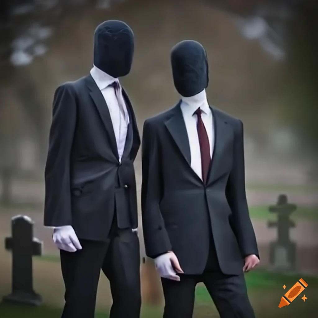 Two faceless men in suits standing at a graveyard at daybreak in cctv