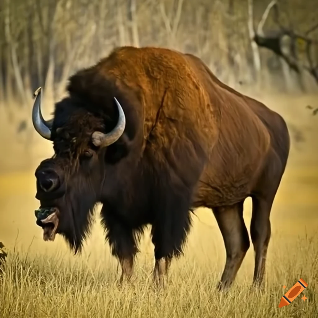 American buffalo with giraffe-like neck feeding from a tree
