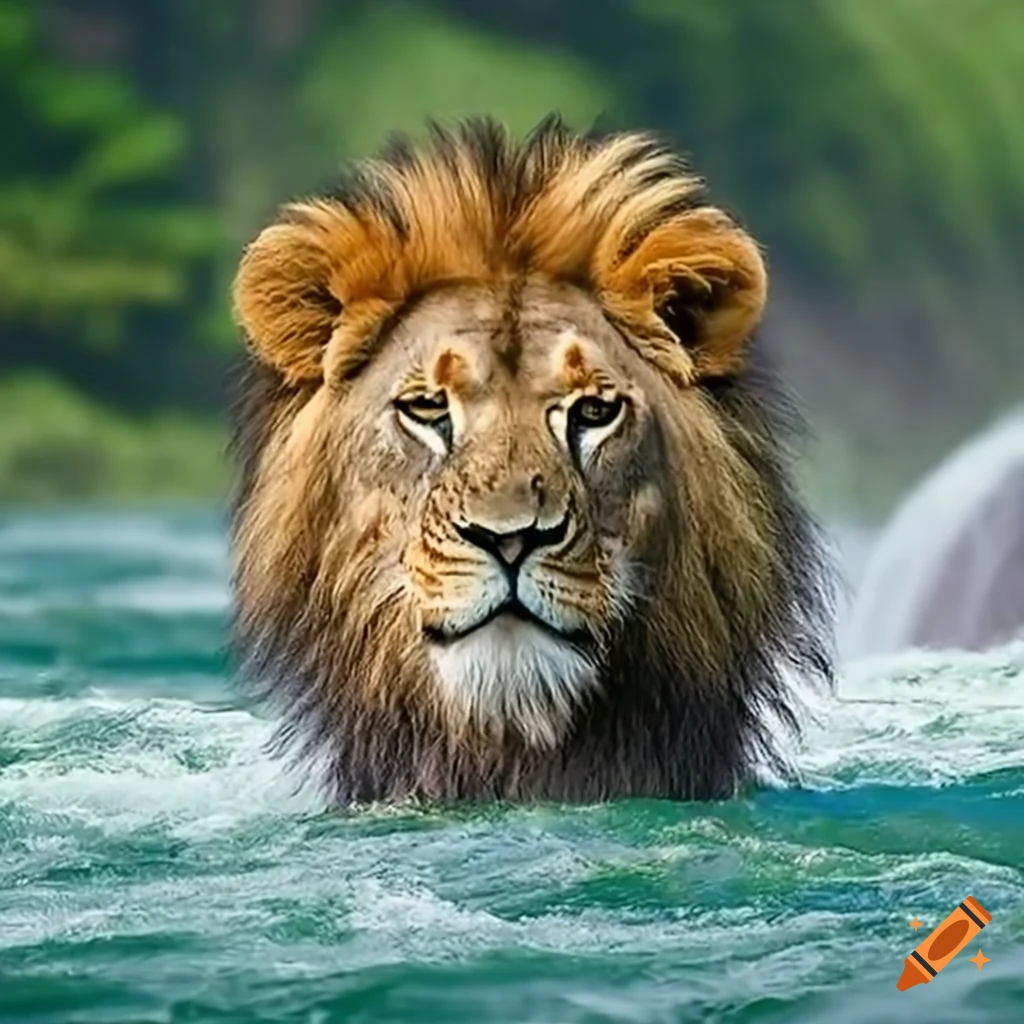 Powerful lion exploring rapids near Niagara Falls