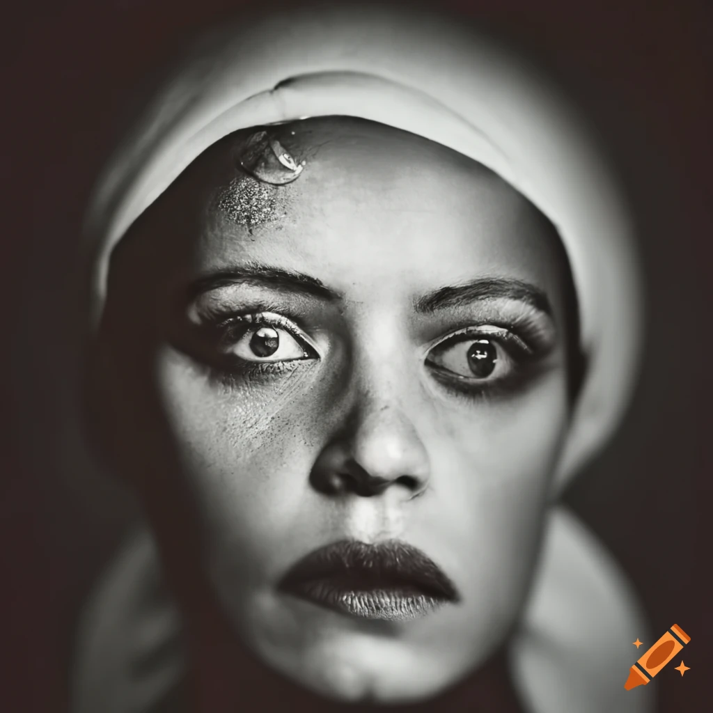 Close-up of antique black-and-white photograph showing intense emotional expression