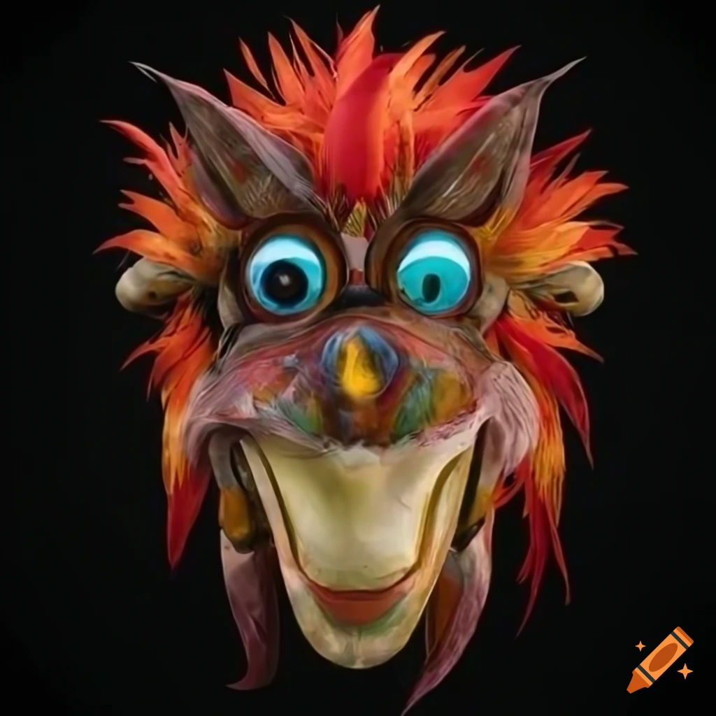 Vibrant Sumerian wooden mask with feather crown and intricate details