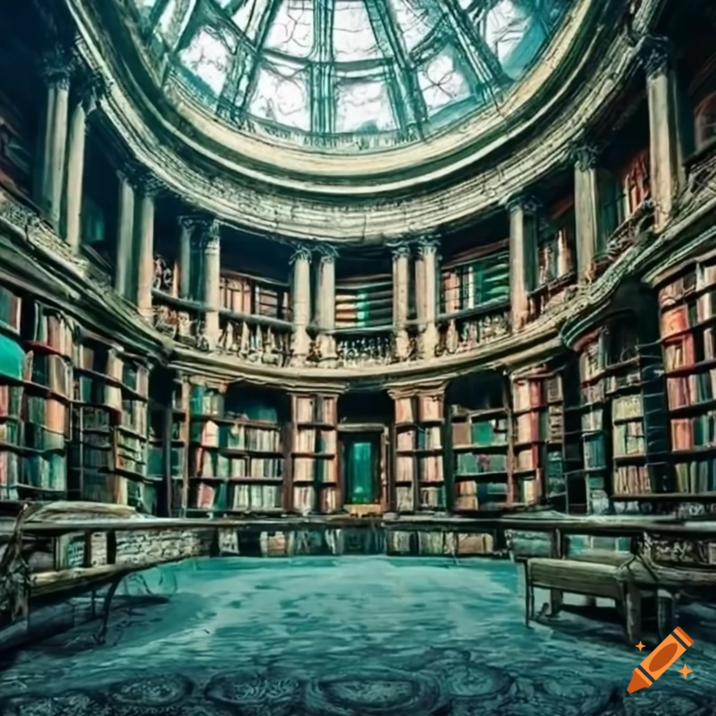 Old library surrounded by trees with a fairy animal and a mysterious figure inside