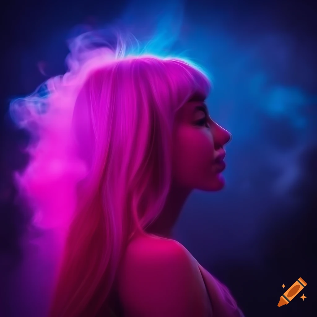 Female with long pink hair in a neon silhouette with roses and bokeh effect