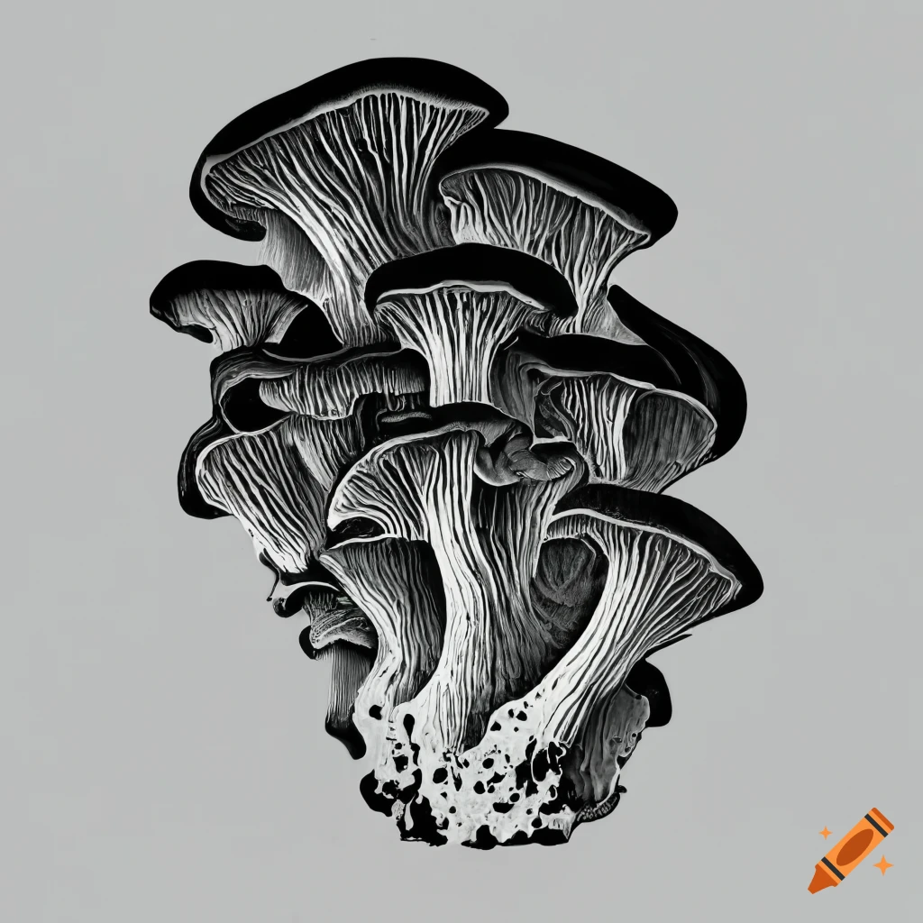 Detailed stencil artwork of oyster mushrooms cluster on white background