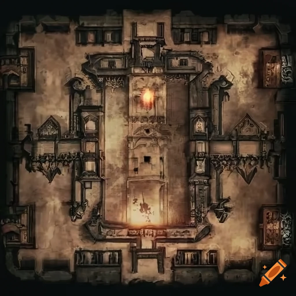 Detailed top-down view of a Gothic cathedral in Warhammer 40,000 with candles and parchment rolls