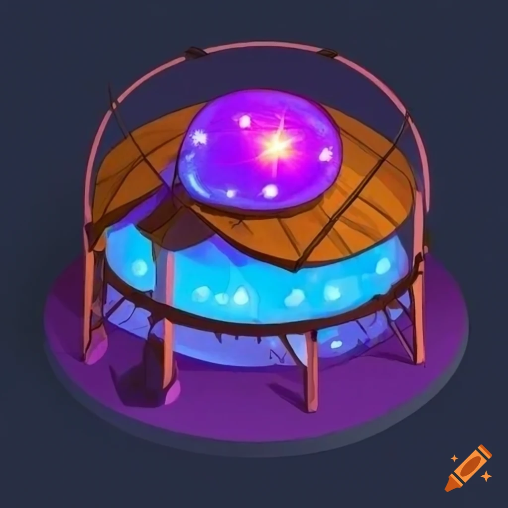 Isometric view of a round tent with a purple glowing stone above