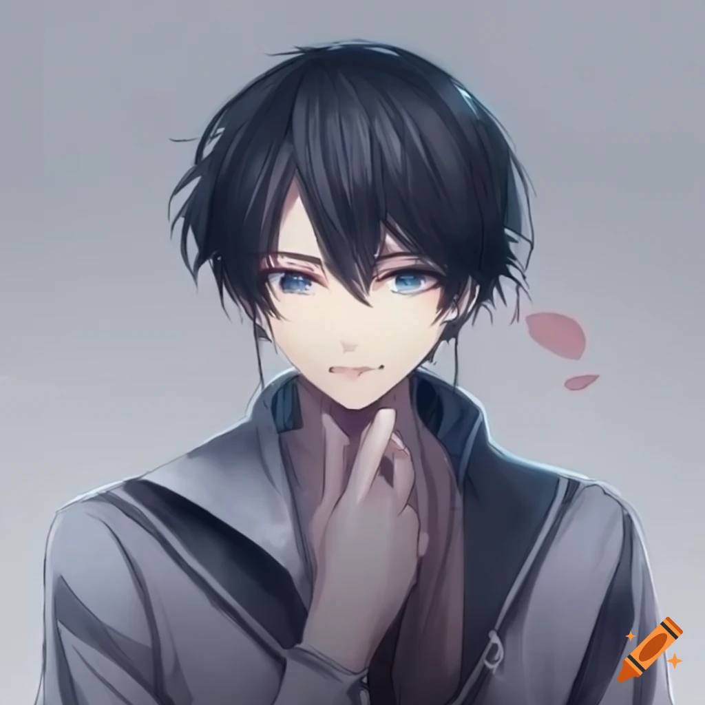 Anime character with black hair, gray eyes, and a cute face
