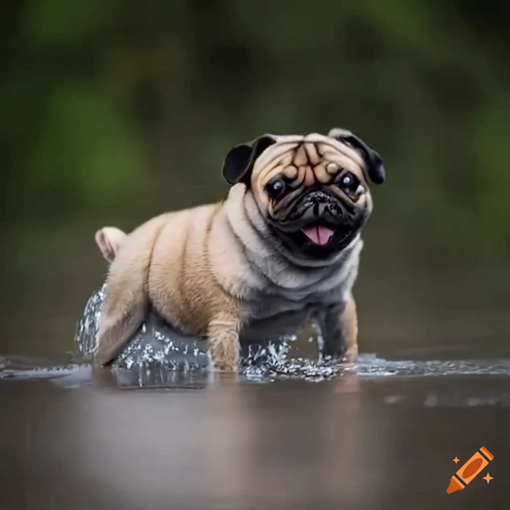 Cheerful pug splashing in a puddle during a downpour