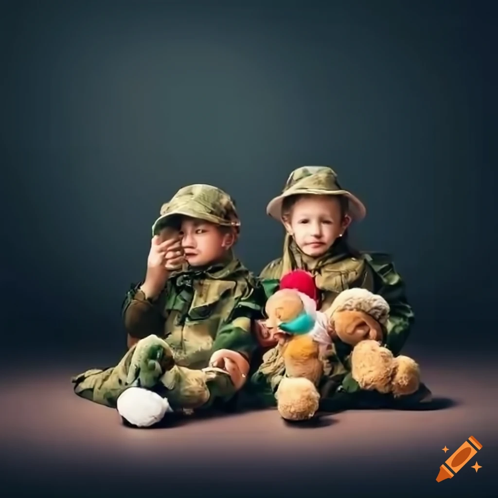 Young children in military-style uniforms with playful elements