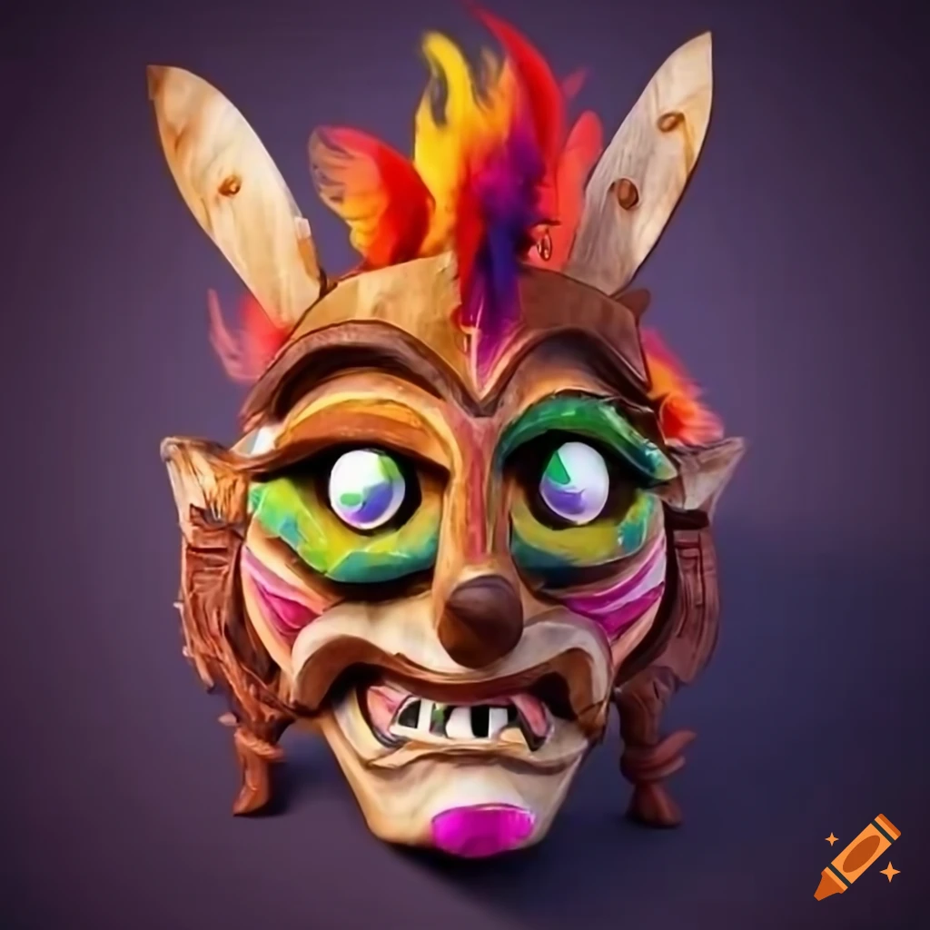 Vibrant Sumarian wooden mask with feather crown and bold colors
