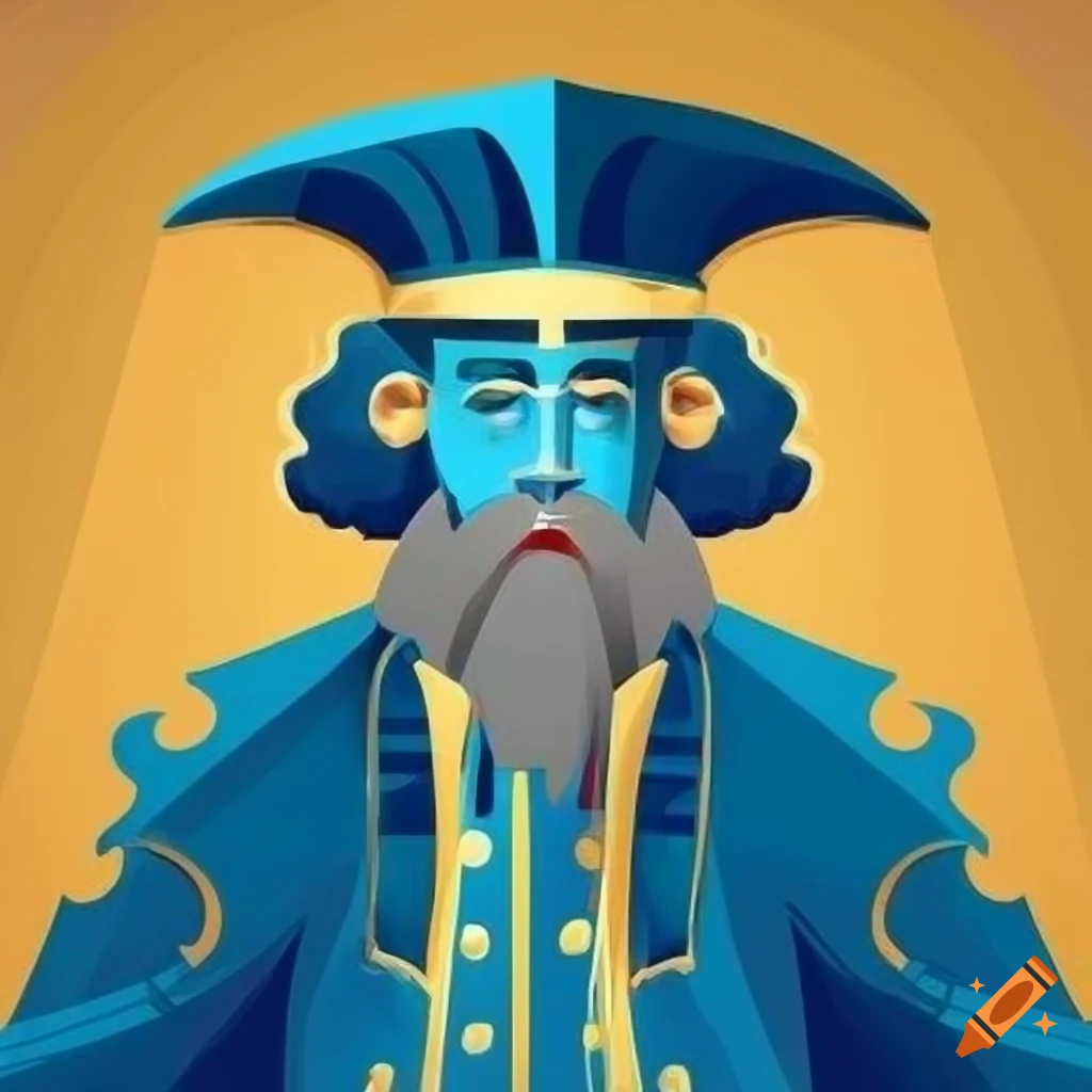 Modern friendly merchant male character in Shakespearean play style with Babylonian blue and gold colors