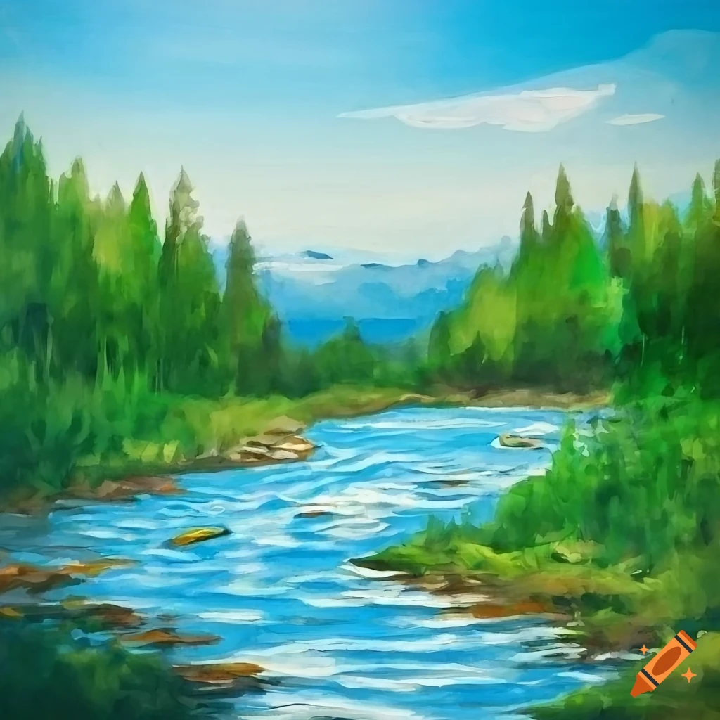River flowing through a valley with trees and mountains under a blue ...