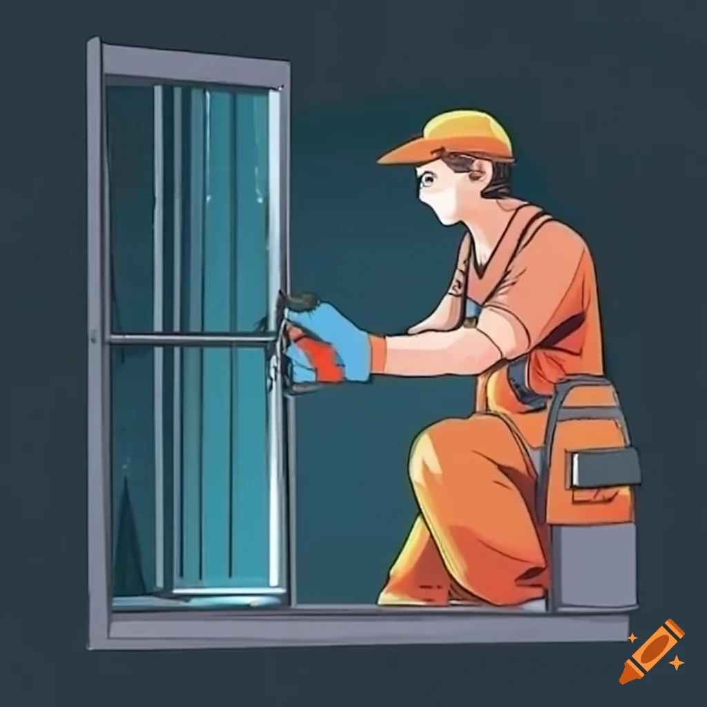 Worker cleaning a window