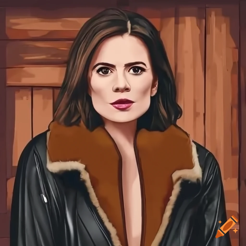 High angle view of a woman in a sheepskin bomber jacket and black leather trousers standing in a barn doorway