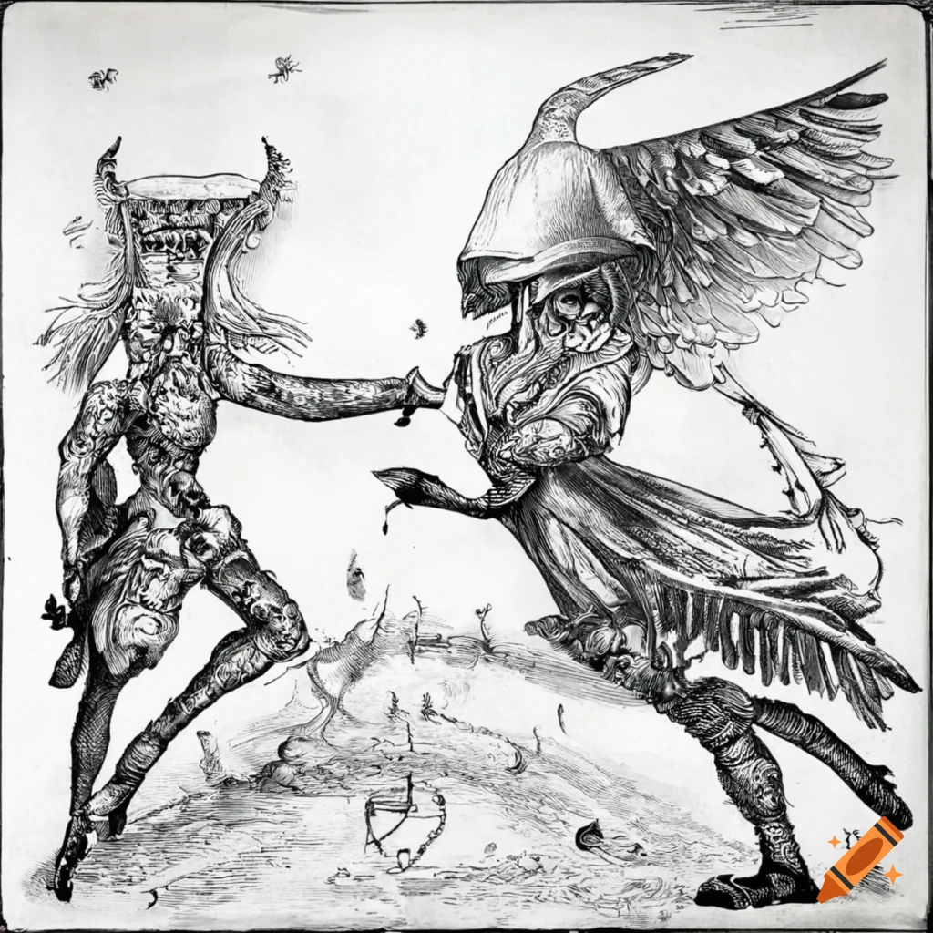 Scene from the Song of Völundr with Völundr creating helmets as cups and flying on wings