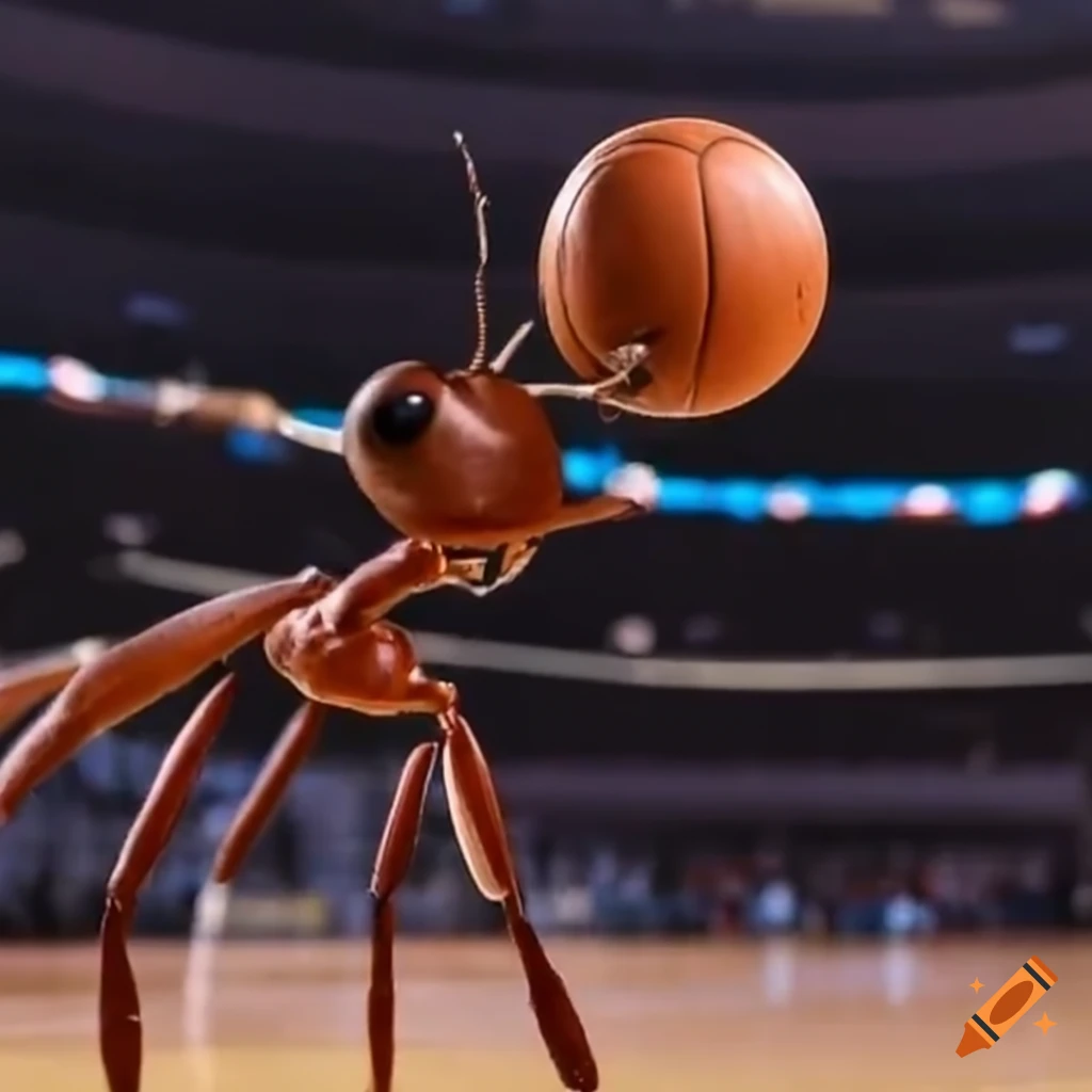 Ant playing basketball against a horse in an NBA arena