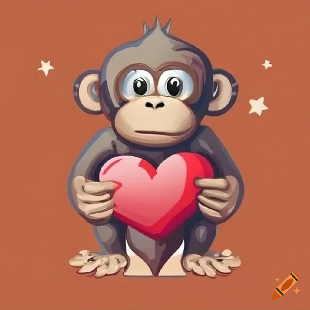 Monkey holding a heart symbol on a medal design
