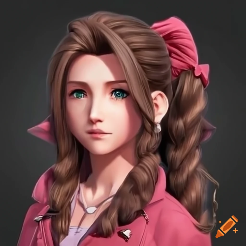 Aerith Gainsborugh with brown hair and red biker jacket in the slums