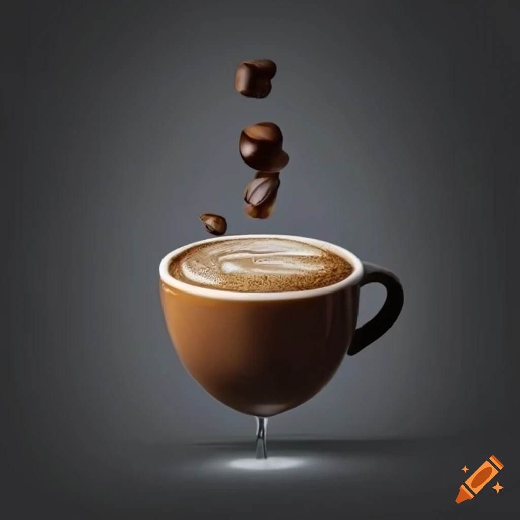 Hyperrealistic floating coffee cup with foamy pattern inside