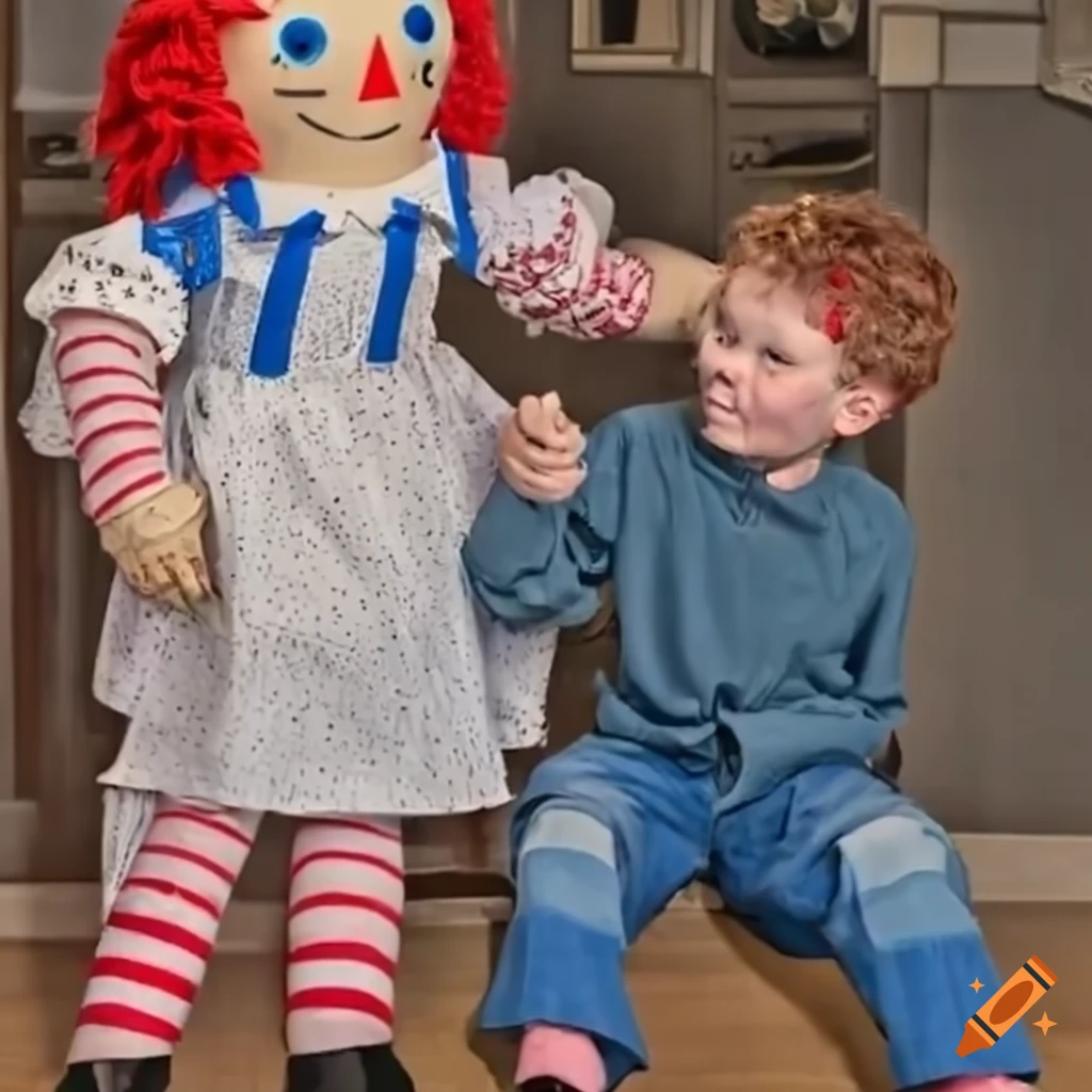 Raggedy Ann demonstrating determination by lifting a boy