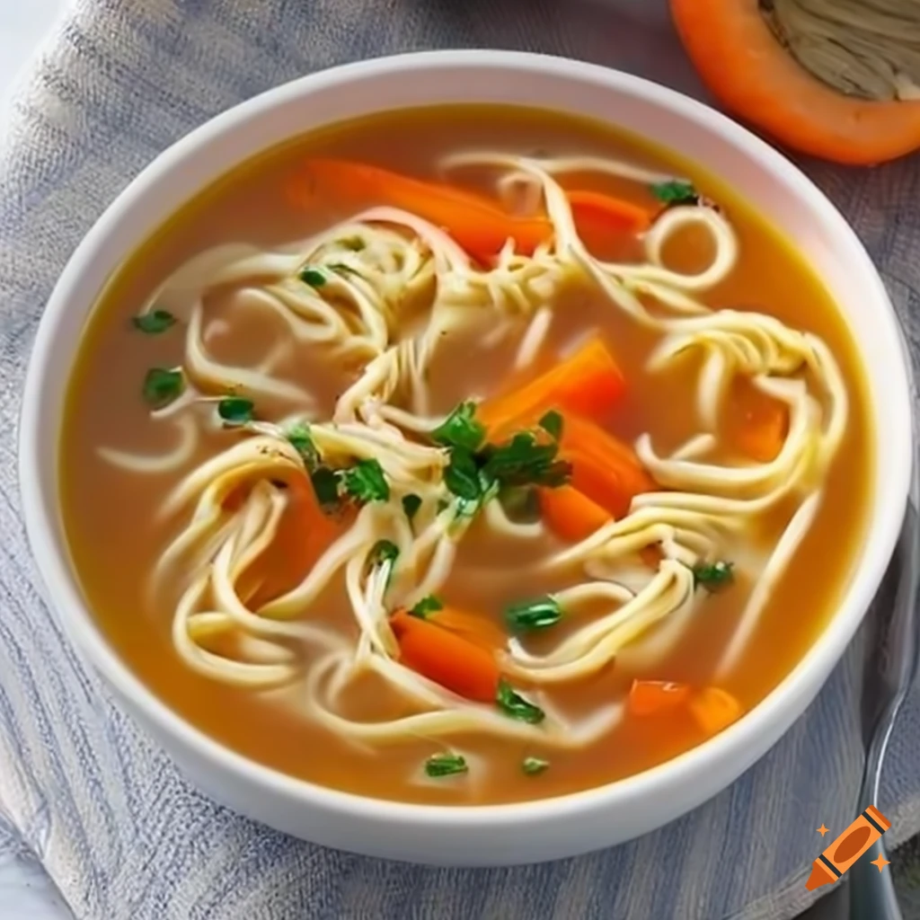 Bowl of soup with noodles and carrots seen from above