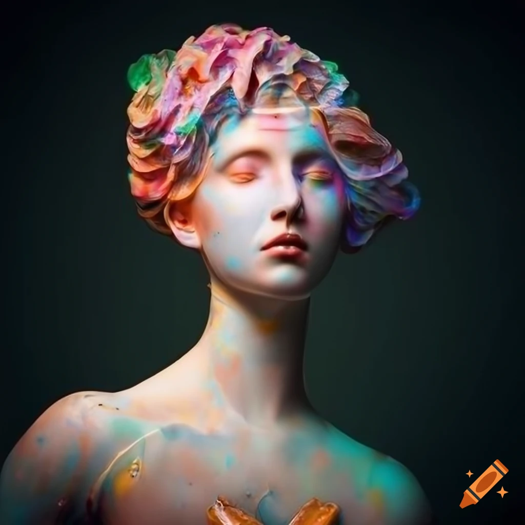 Sculpted marble figures with vibrant colors and intricate details under cinematic lighting