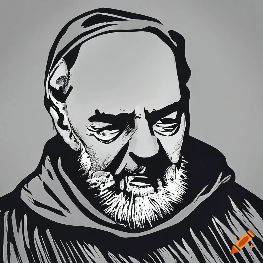 Padre Pio in black and white linocut style with eyes open