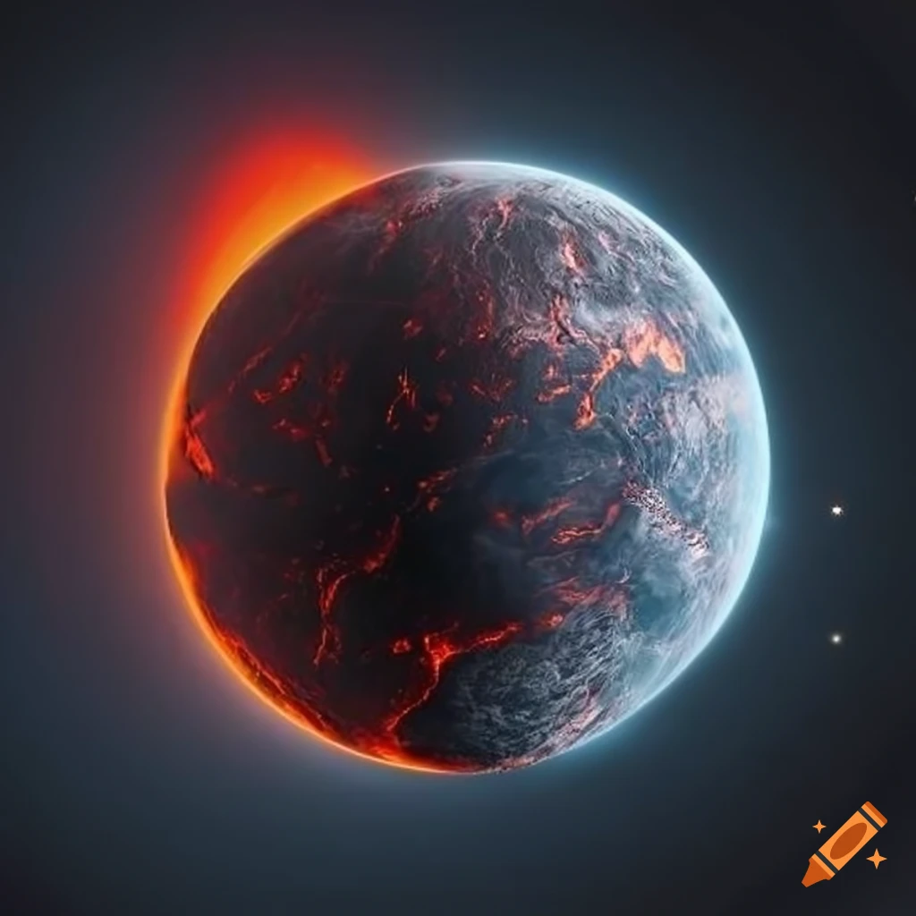 Molten planet with black landmasses and lava oceans