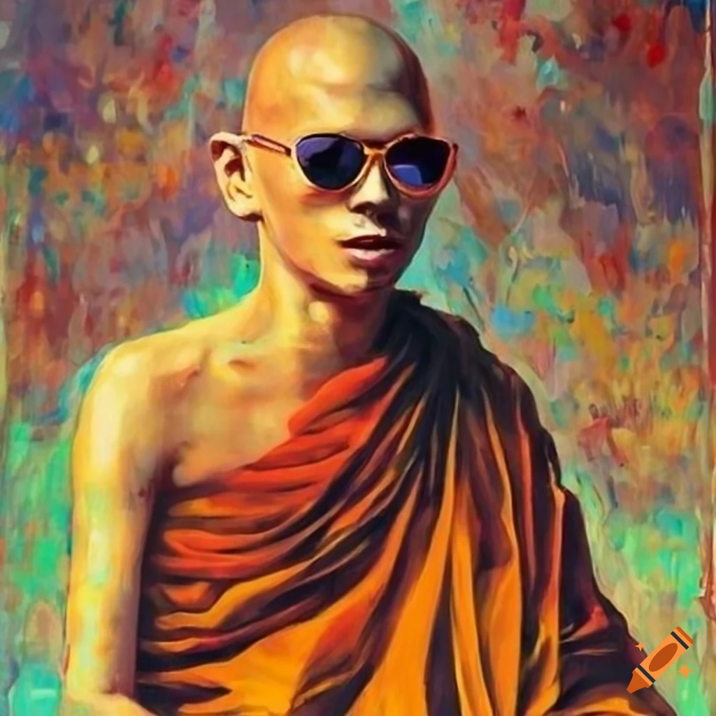 Cool buddhist sitting monk wearing sunglasses in an Impressionism style