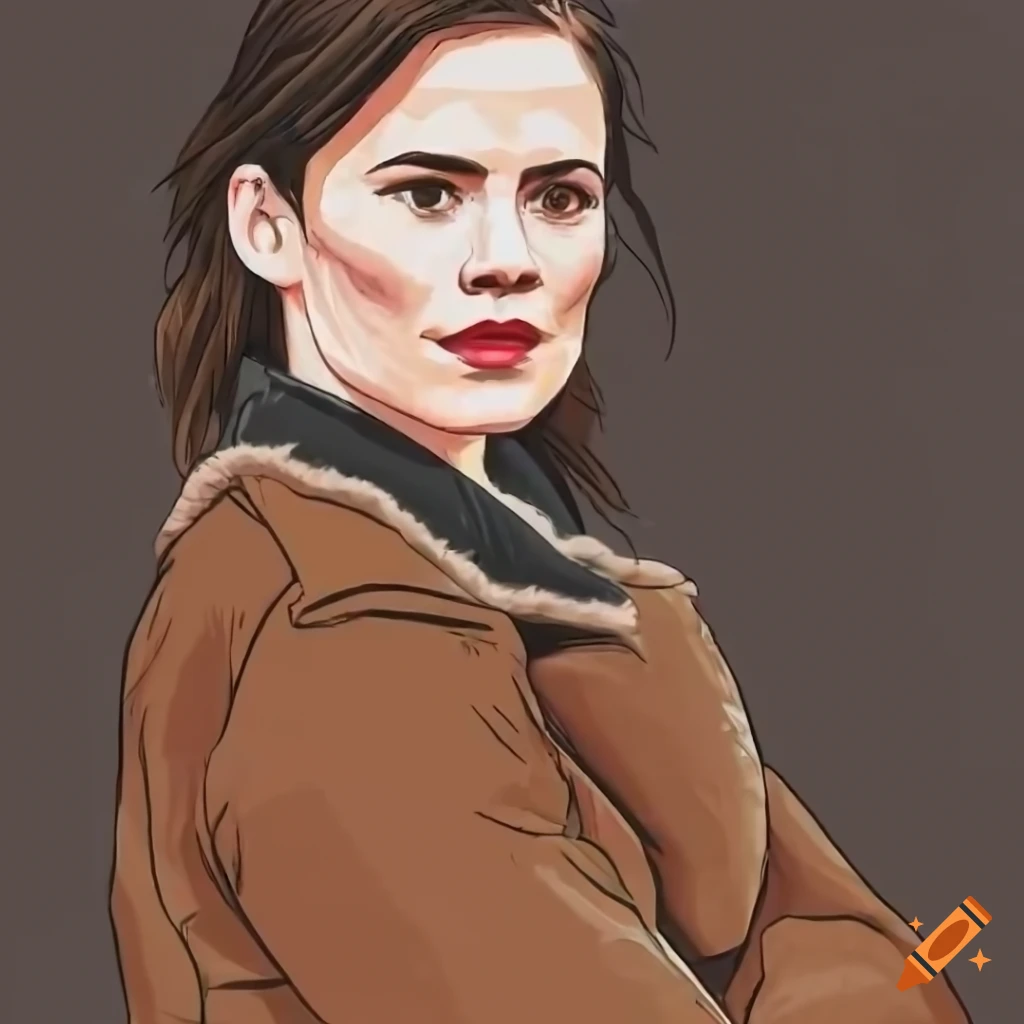 High angle view of a woman in a sheepskin bomber jacket and black leather trousers standing in a barn doorway