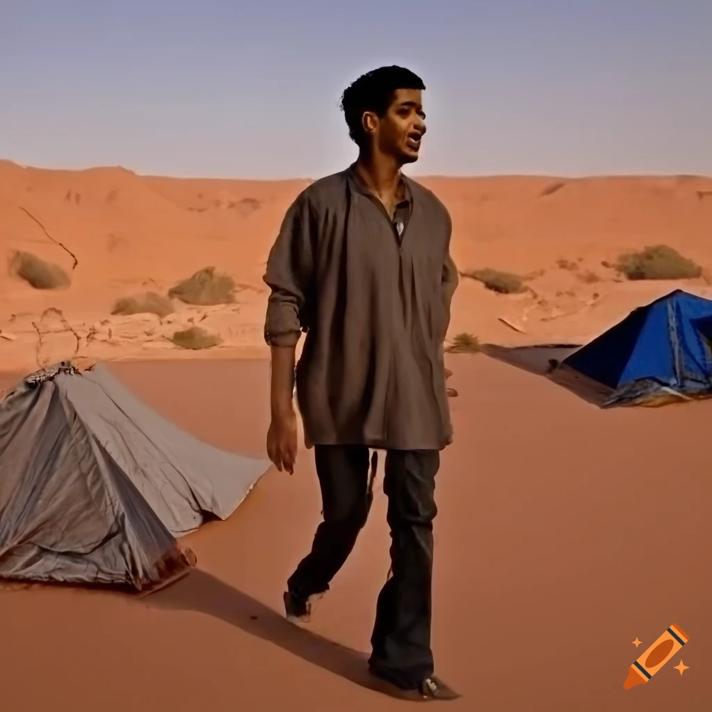 Man with black hair and Arabic features walking past a tent in a Bedouin campsite