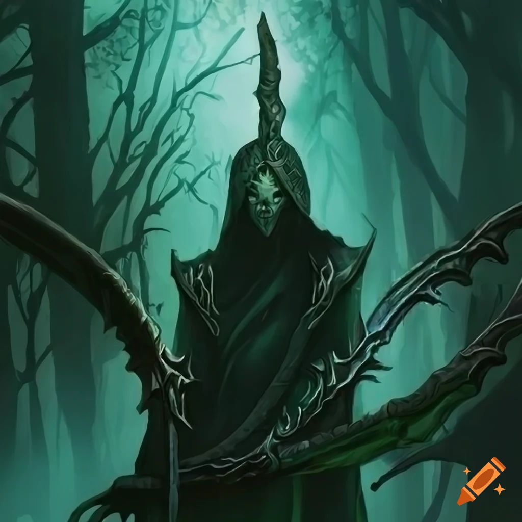 Two elvish curved swords with poison aura in a dark forest