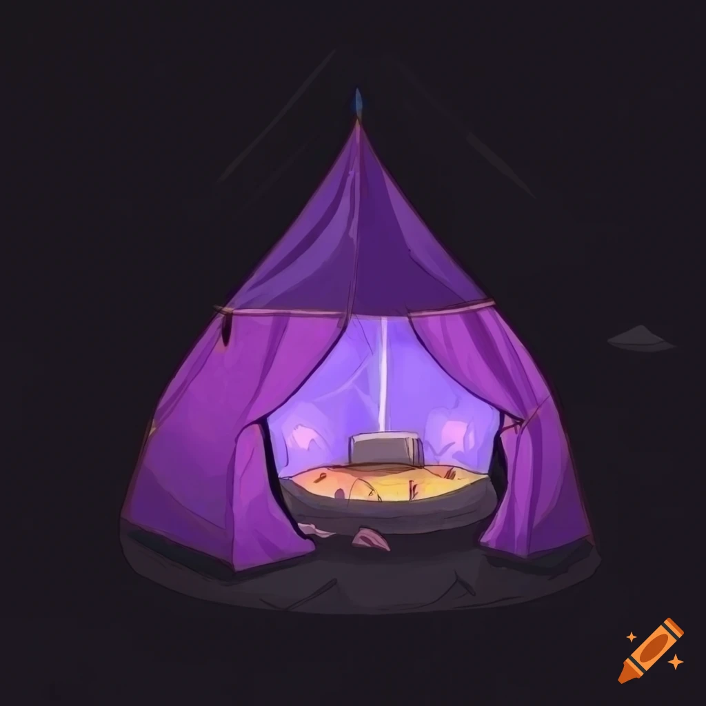 Isometric view of a round gray tent with a purple glowing stone above