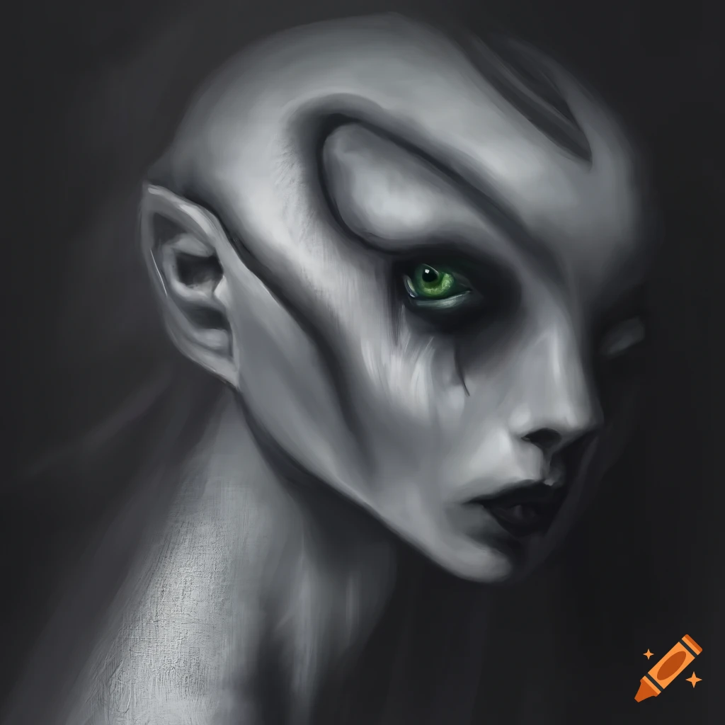 Biomechanical profile portrait of a pale female creature in black and white
