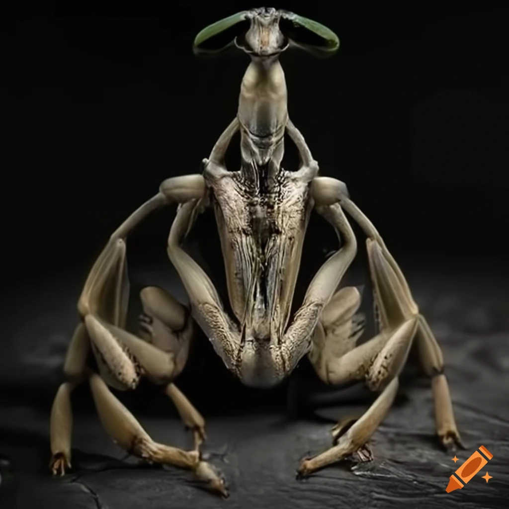 Surreal biomechanical praying mantis in urban landscape inspired by H.R. Giger