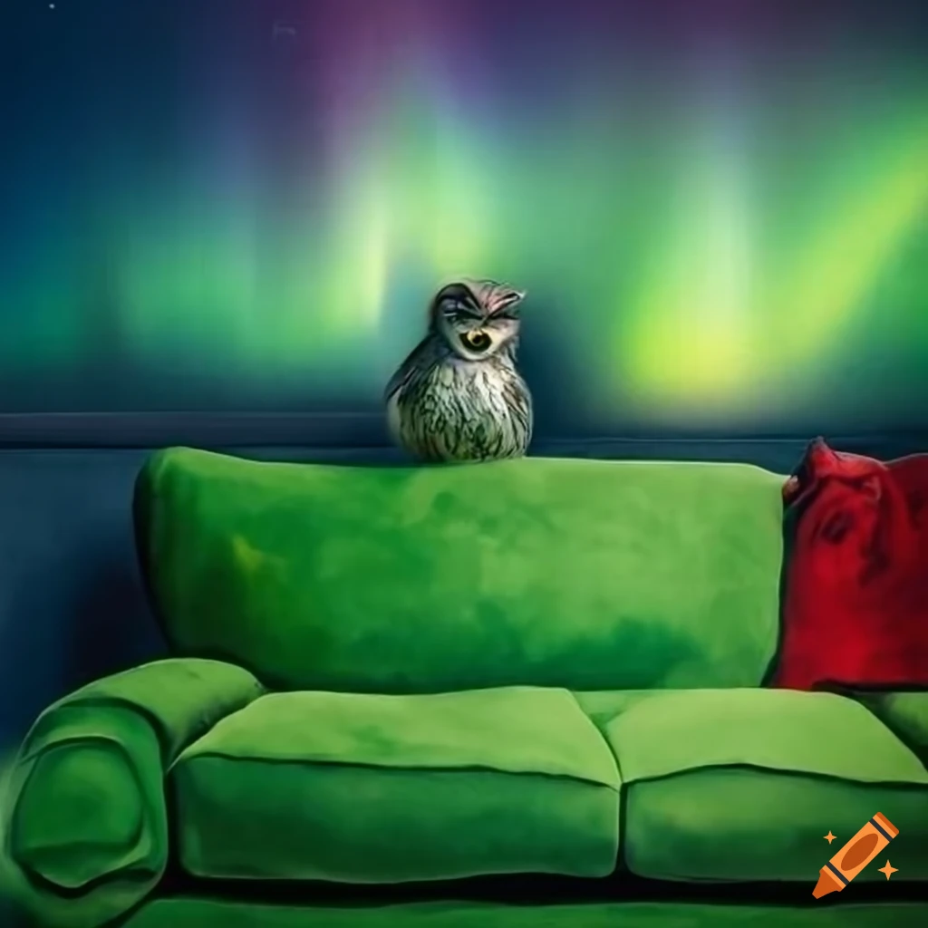 Owl on a green sofa with northern lights in the style of Marc Chagall