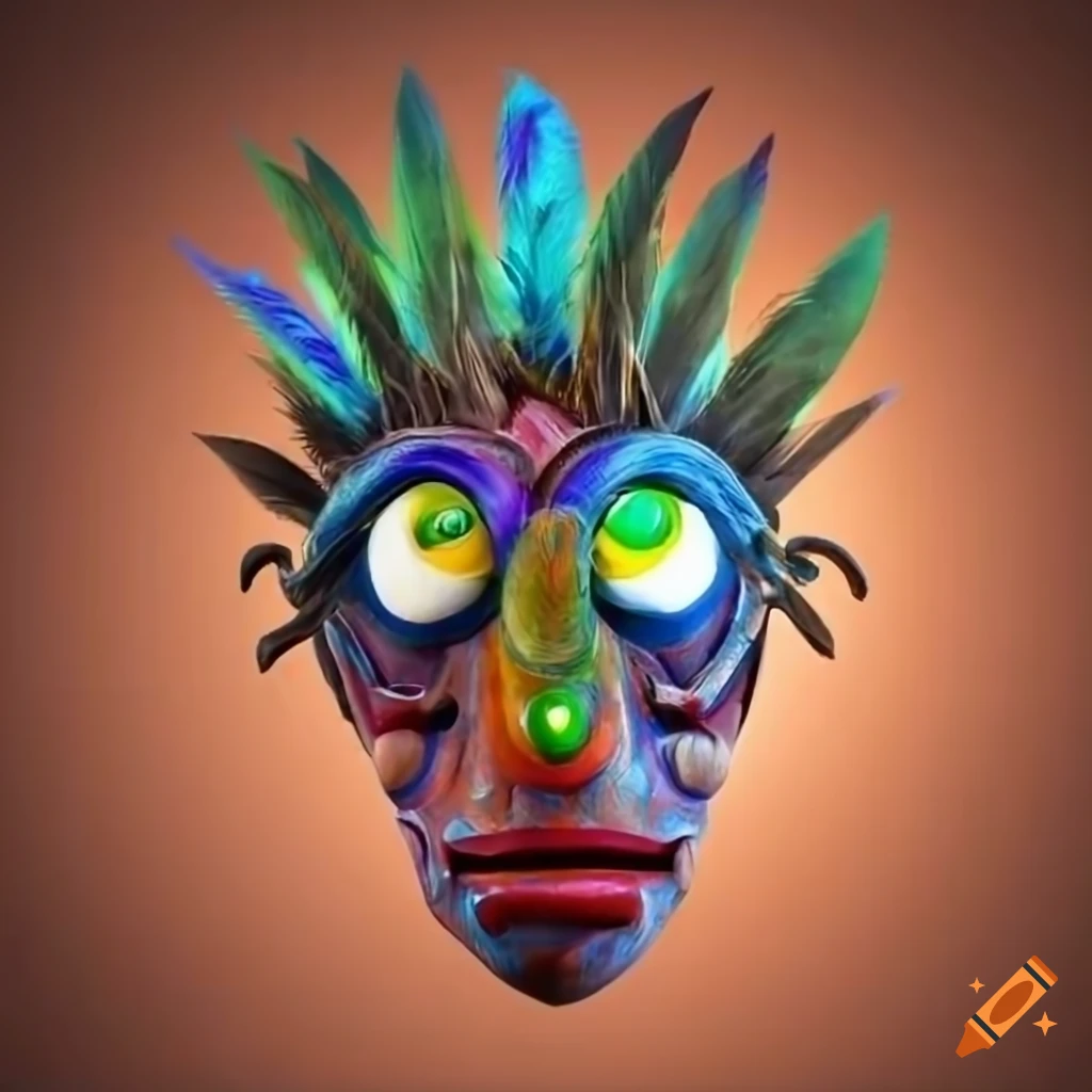Vibrant Sumarian wooden mask with feather crown and bold colors