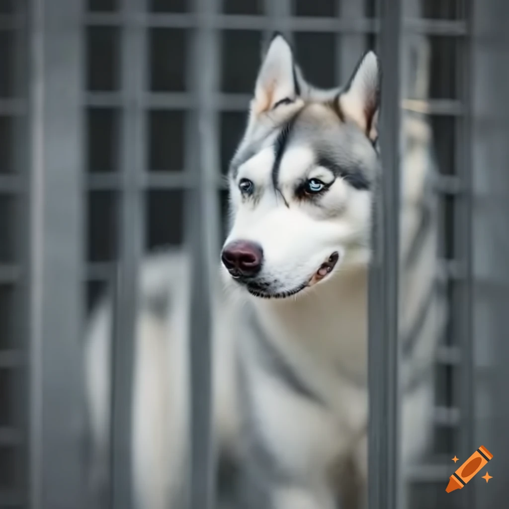 White and grey husky behind jail bars