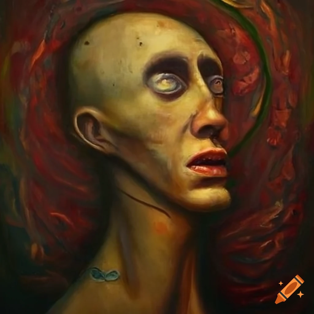 Surrealistic oil painting of a dreaming inmate with abstract symbols