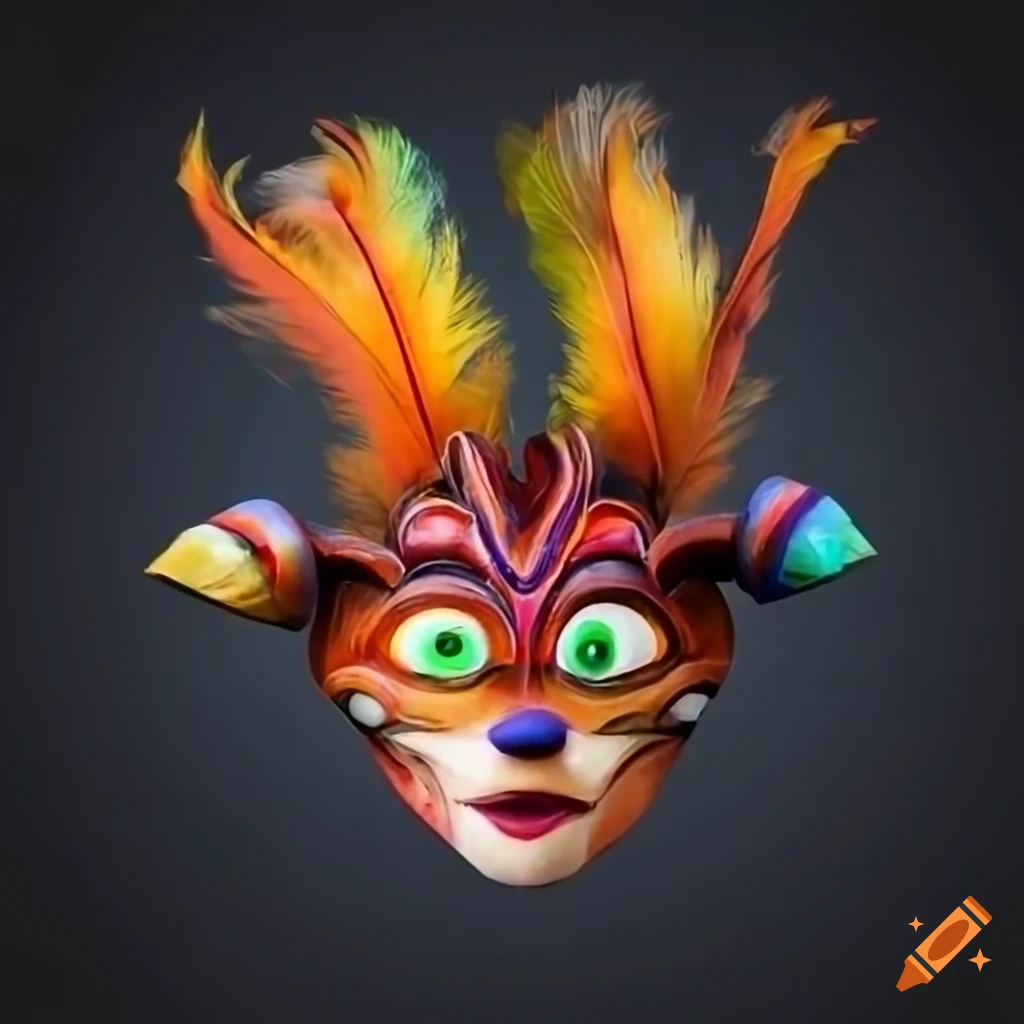 Vibrant Sumarian wooden mask with feather crown and symbolic details