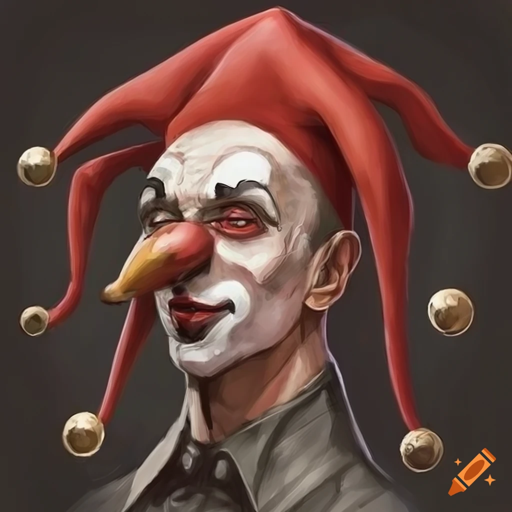 Concept art of a jester with a big nose in a portrait