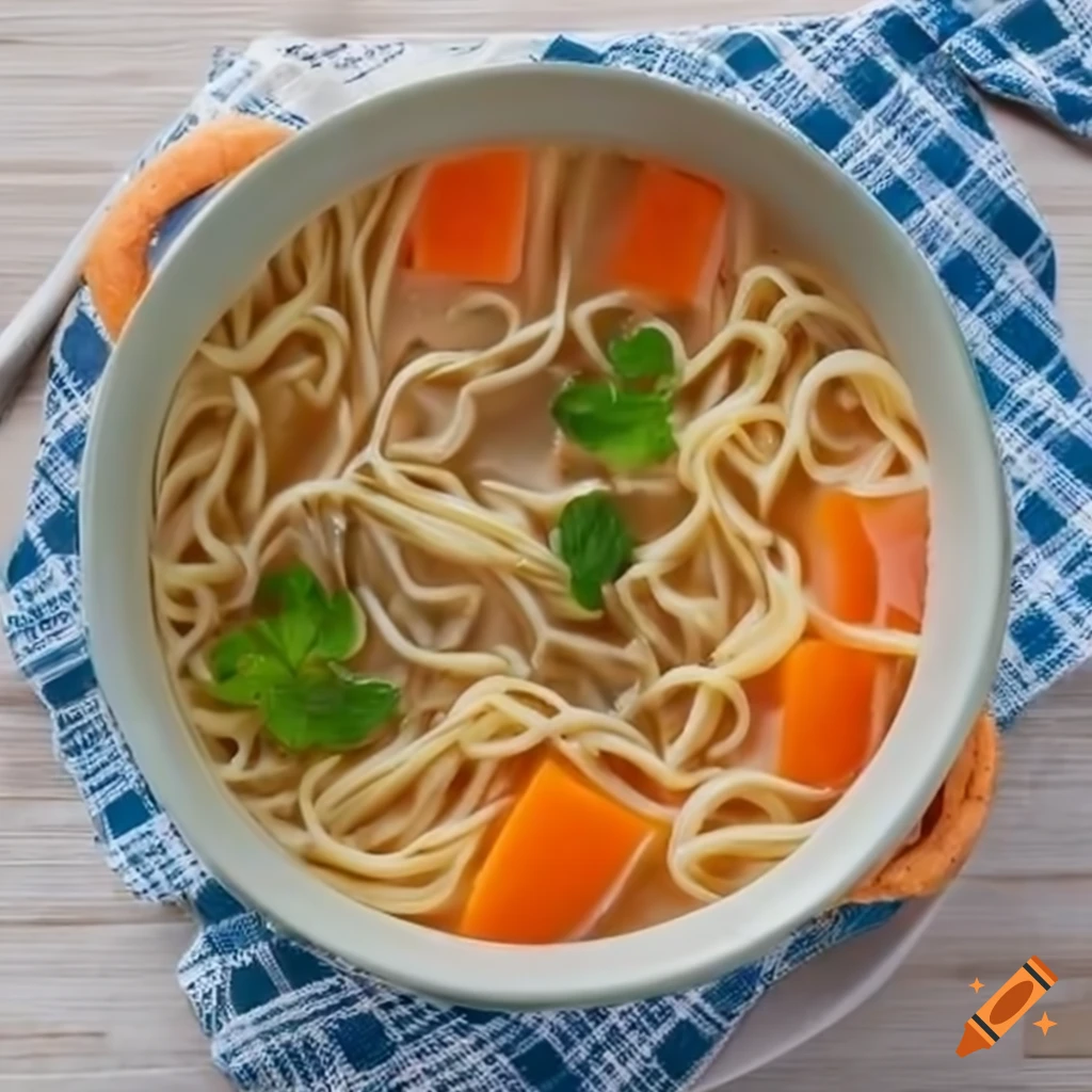 Soup with noodles and carrots from the top view