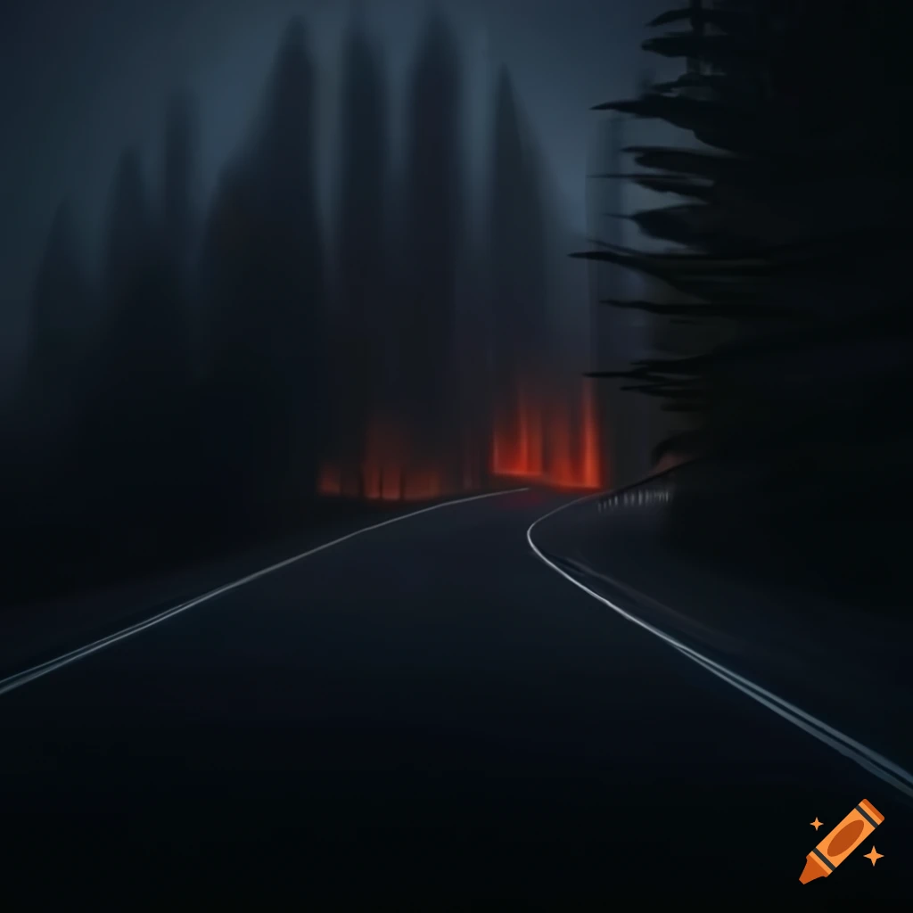 Dark fantasy highway from a car's perspective
