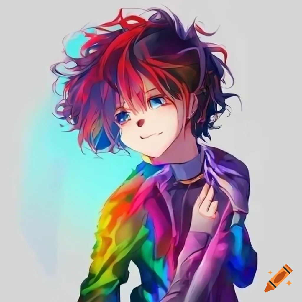 Energetic anime boy with wavy hair and colorful outfit