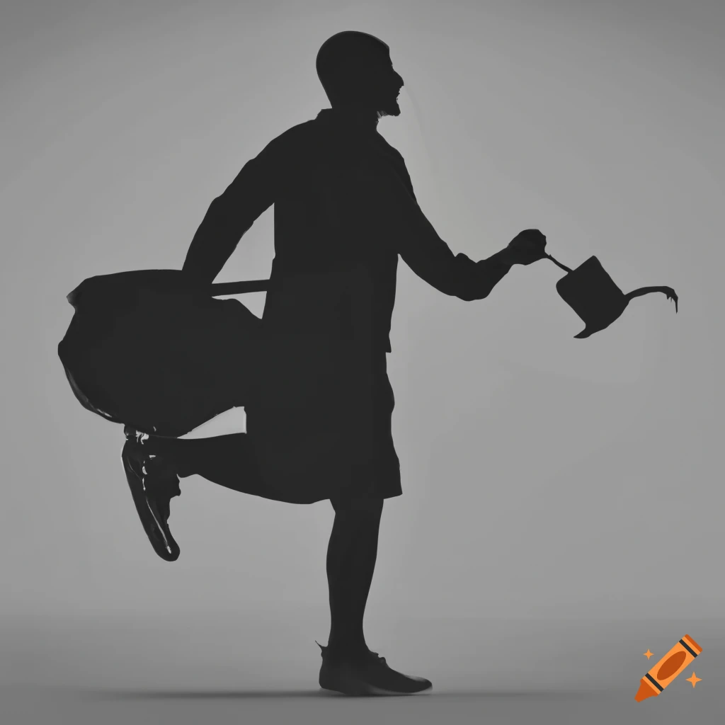 Silhouette of man running with pram and holding a watering can