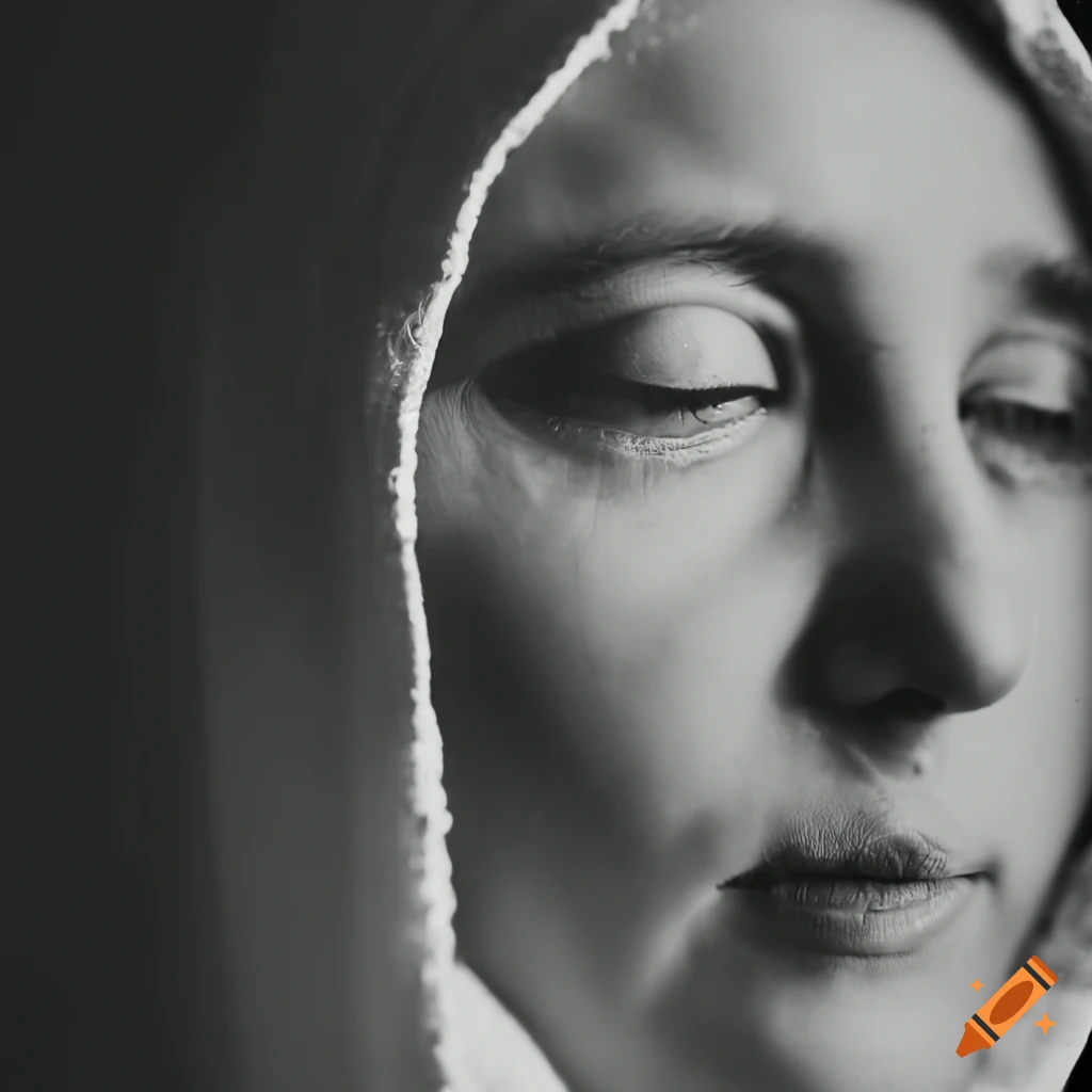 Close-up of a woman in religious ecstasy in an antique black-and-white photograph