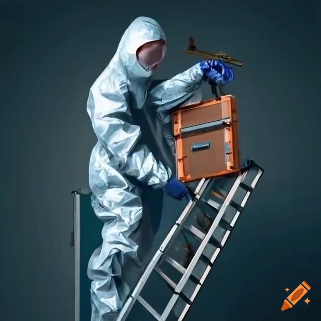 Executive in power suit maintaining HVAC system on a ladder